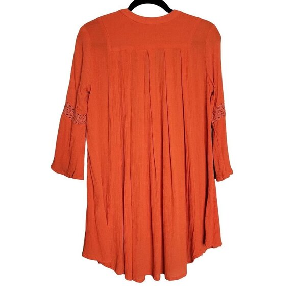 Moon Orchid Crochet Top Blouse 3/4 Flare Sleeve Pleated V-Neck Orange Size Small - Picture 2 of 10